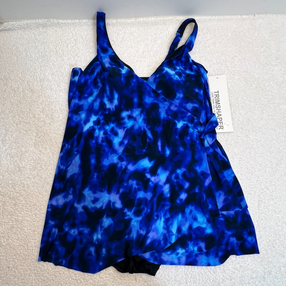 NWT Trimshaper Womens Tankini Bathing Suit Triple Tiered Tie Dye Blue Sz 10